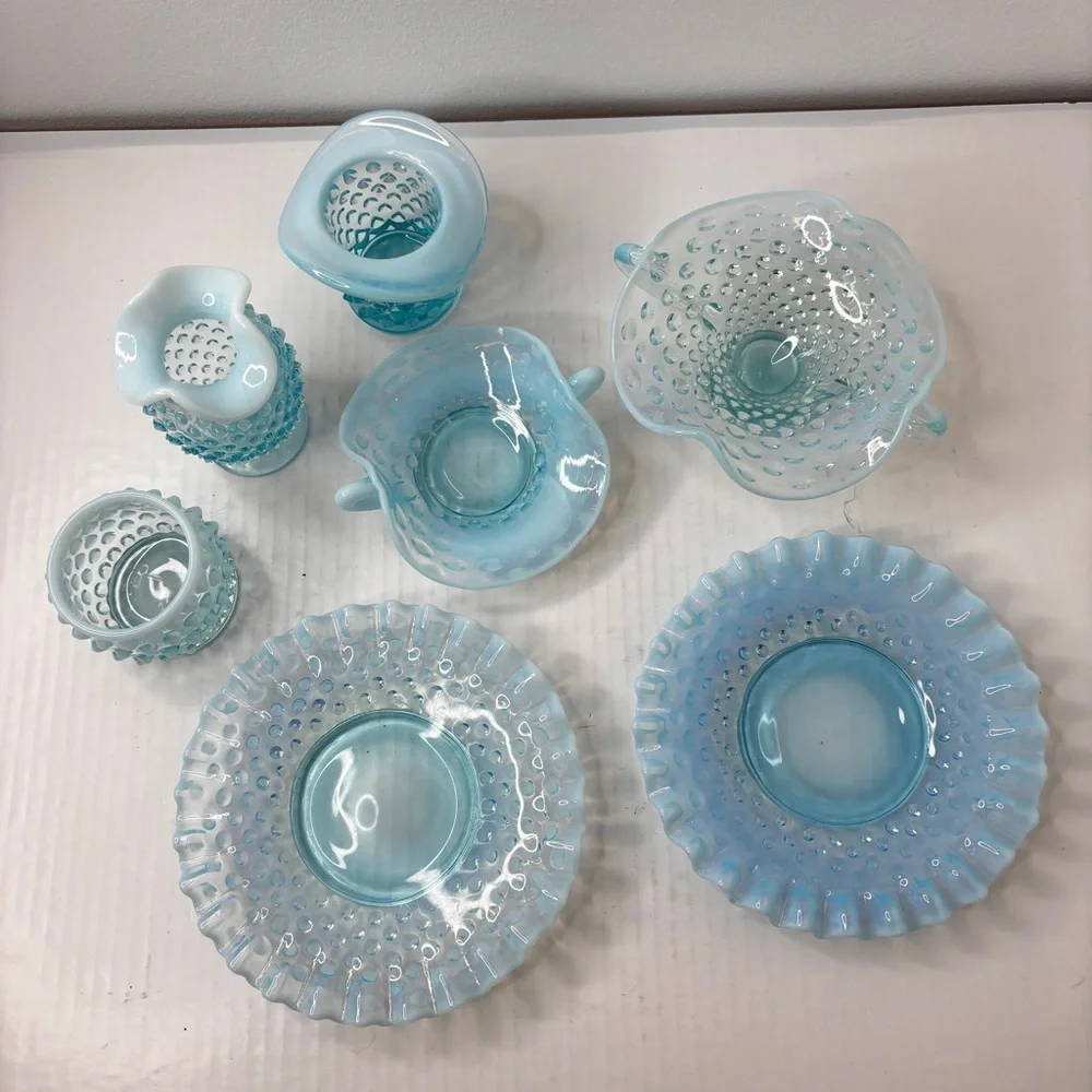 VTG Fenton Blue Opalescent Hobnail 7 pc lot Trinket Candy Dishes Votive Bud Vase